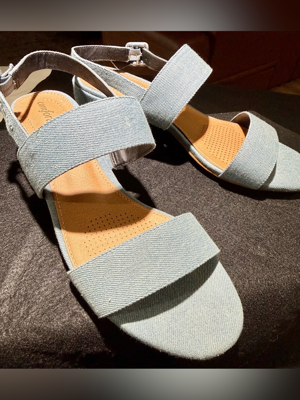 Comfortview Etta Sandals, 2” Heel, Light Blue Linen-look, Size 7 1/2